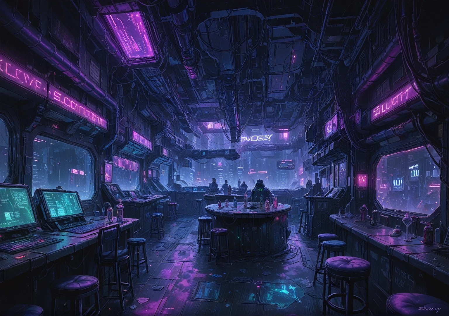 illustration, detailed illustration, ultra detailed, dive bar, cyberpunk, purple and green, dark interior, sci fi, night, (shadowy:1.3), empty