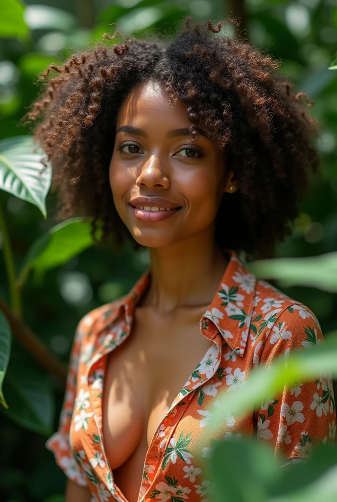 A Brazilian woman in a lush tropical garden, wearing an open shirt with a floral print, with a close-up capturing the harmonious beauty between her breasts and the natural flowers, showing off your natural charm and outgoing personality.