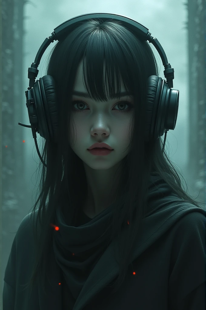 Make a anemy girl using headphones and horror background