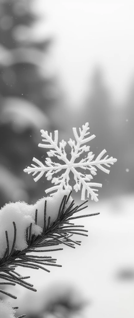 beautiful graphite drawing, black and white, monochrome, snowflake close-up, on the branch of a snowy pine, beautiful snowy landscape background