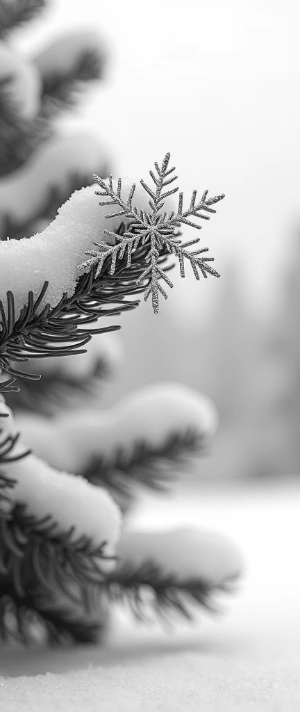 beautiful graphite drawing, black and white, monochrome, snowflake close-up, on the branch of a snowy pine, beautiful snowy landscape background