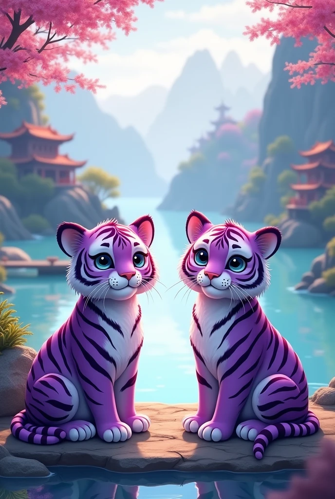 Two purple tigers sitting on either side of the river,The river is huge,Chinese style,cute style,Realistic and cute,Looking at the camera