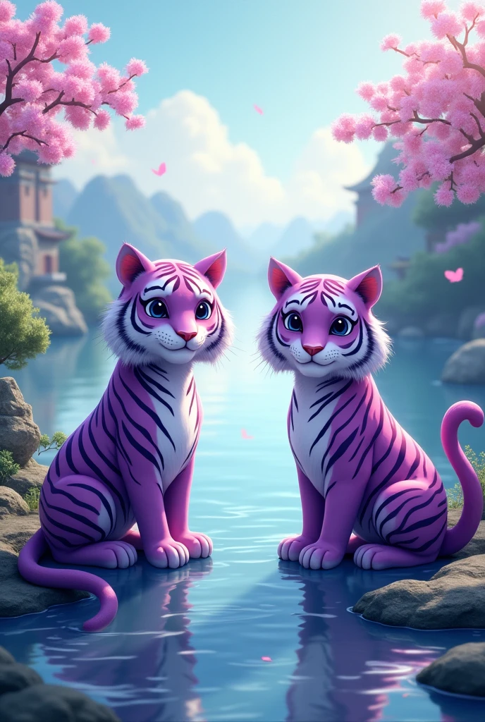 Two purple tigers sitting on either side of the river,The river is huge,Chinese style,cute style,Realistic and cute,Looking at the camera