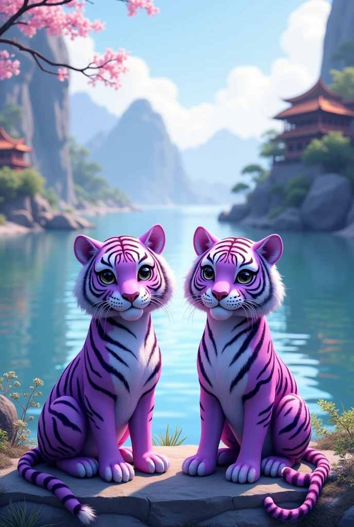 Two purple tigers sitting on either side of the river,The river is huge,Chinese style,cute style,Realistic and cute,Looking at the camera