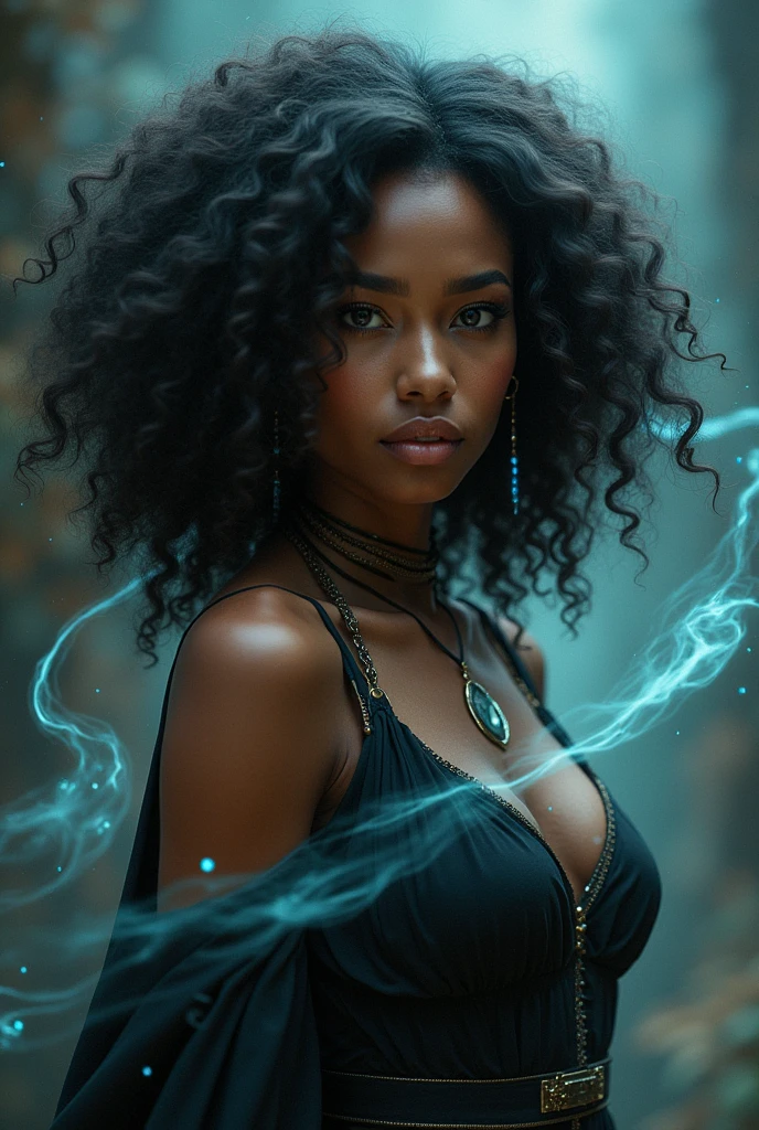 Woman with medium curly afro short hair , brunette and raven style , Magic powers