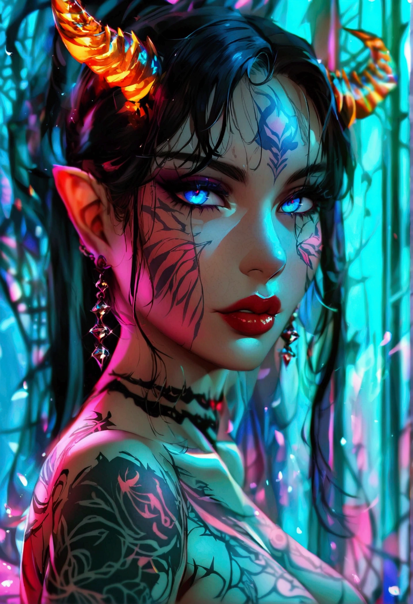 Stunningly gorgeous beautiful perfect hr giger tattooed sexy seductive demonic girl, perfect face, hyper detailed neon sapphire eyes, large breasts, full body view, nude