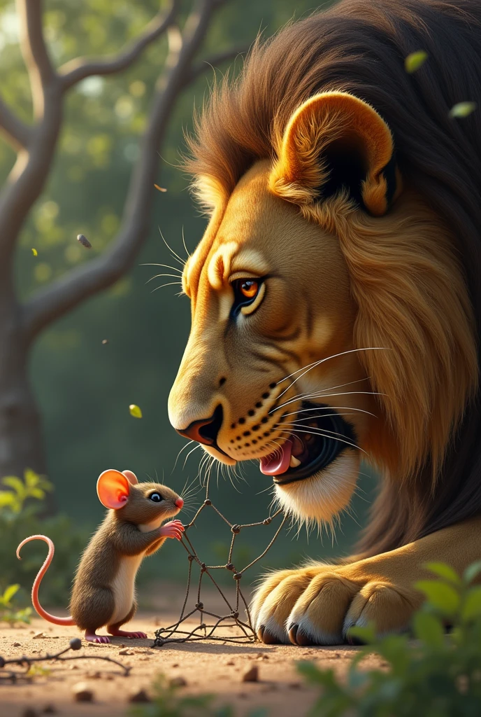 The Mouse Chewing the Net:

Description: The mouse gnawing at the net with determination, its tiny teeth working diligently. The lion, still trapped but now hopeful, watches with an expression of relief and gratitude.