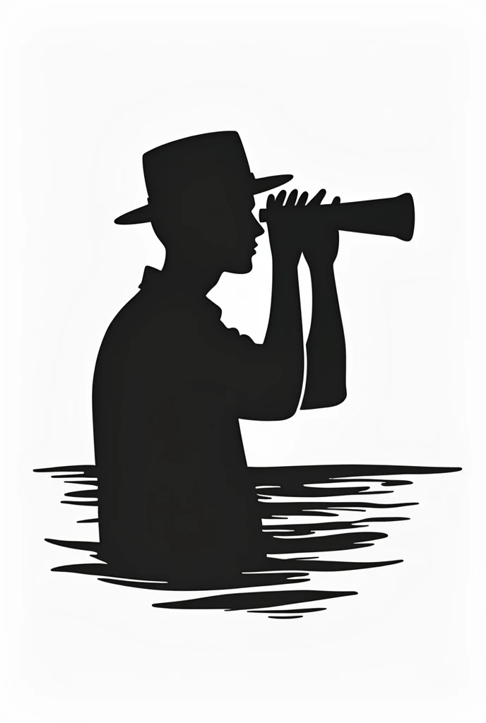 black and white vintage logo of full body half side person with vinoculars looking towards the sea