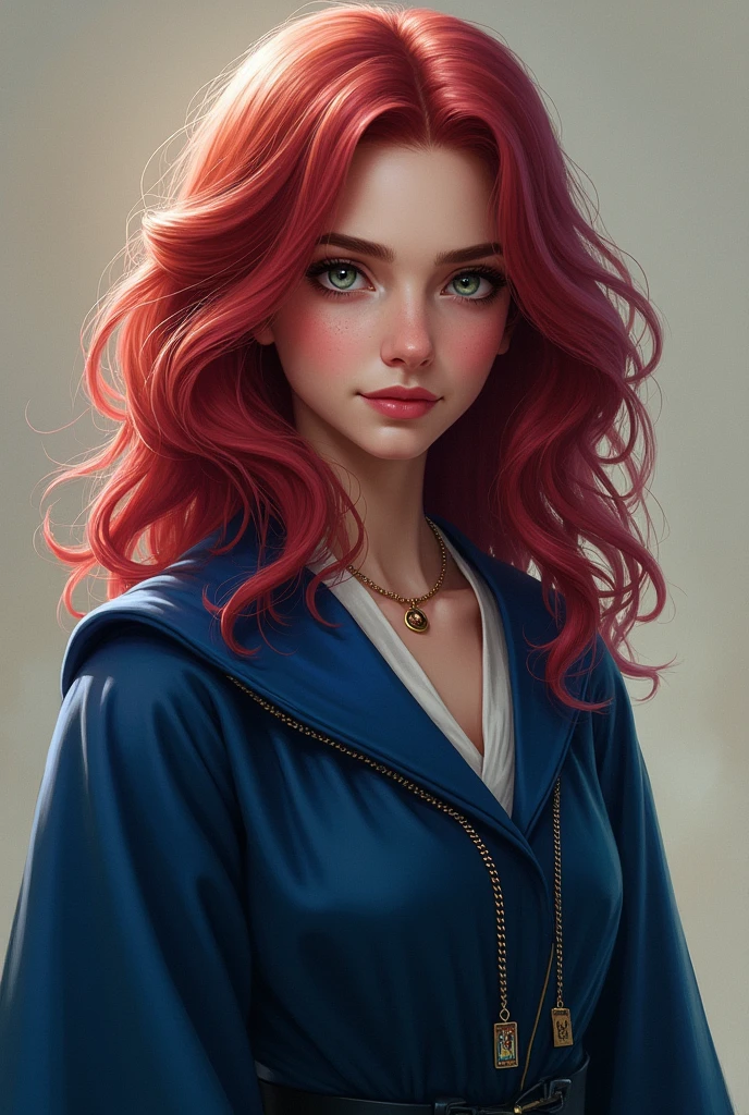 Create a character for a Harry Potter RPG that I participate in with the following characteristics: Hermione Granger-inspired  with medium-length dark magenta red hair; with eyes that vary between green, gray and light brown; fair skin and blue Ravenclaw witch robes. 