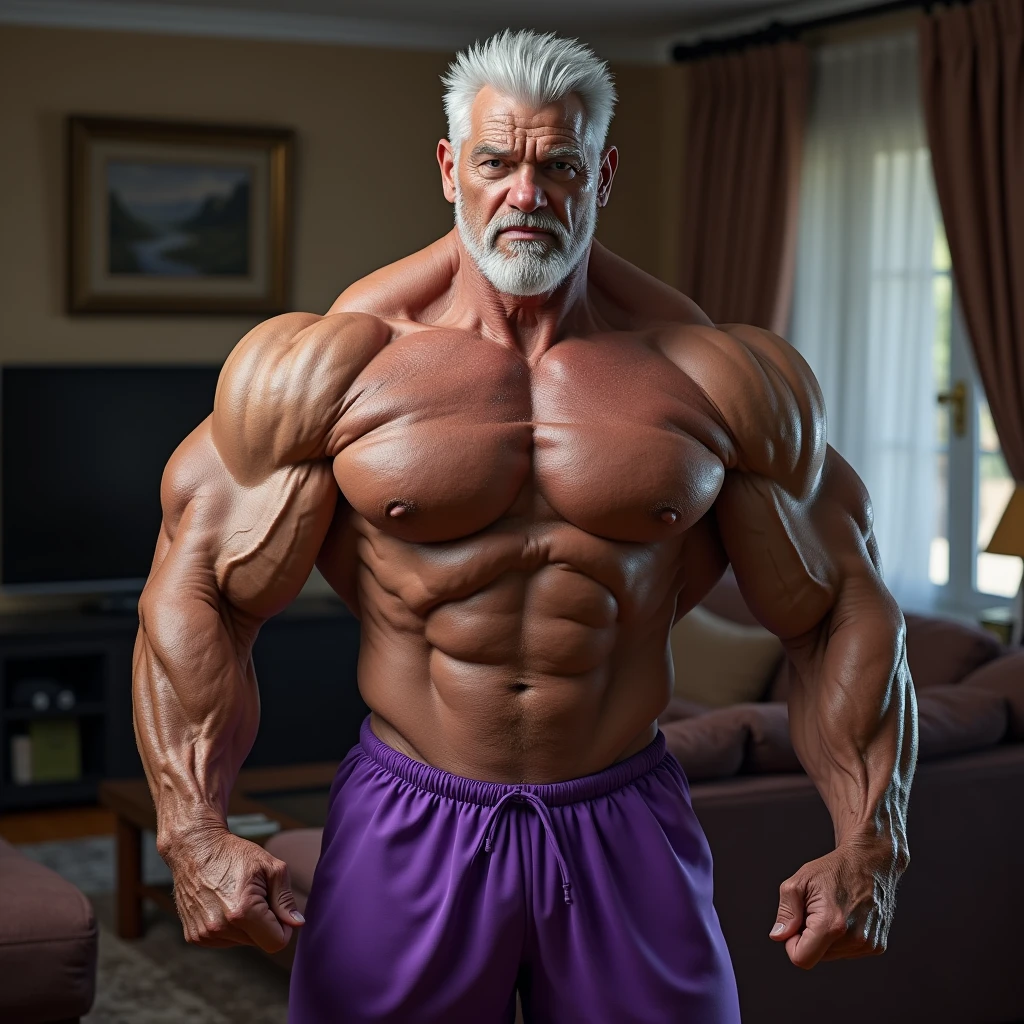 An elderly bodybuilder with white hair, displaying even larger and more exaggerated muscles, with veins that stand out clearly on his skin. She wears purple fitness clothes while lifting weights in a sensual fitness pose, highlighting his impressive strength and muscle definition. background, the living room of a house is located, adding a homely touch to the contrast with its powerful presence.