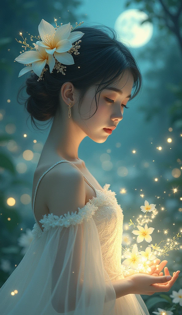 plumeria flower turned human girl, night time, fireflies, plantation of white plumeria flower, Sparkle, Silhouette, Accurate, Masterpiece, High Resolution,Hair Ornament, POV,myth, anime, Bloom, Hair Ornament, Hair Flower,