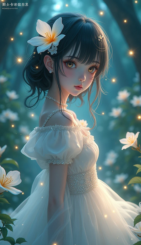 plumeria flower turned human girl, night time, fireflies, plantation of white plumeria flower, Sparkle, Silhouette, Accurate, Masterpiece, High Resolution,Hair Ornament, POV,myth, anime, Bloom, Hair Ornament, Hair Flower, 