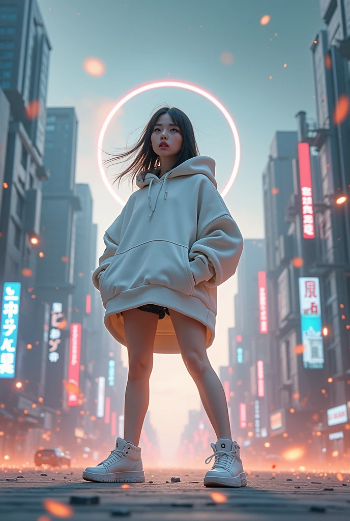 Masterpiece, 4K wallpaper, Masterpiece sci-fi ancient city, fantasy sci-fi, neon glow lights city, ( Subject ( 1girl, A cute japanese women with beautiful hair, wearing an youth stylist oversized hoodie fashion, yellow and black stylist fashion, jumper hoodie and short solid cotton trousers, the hoodie stylist masterpiece.))
( Pose (Relaxed, with dance pose, masterpiece. Medium breast.))
( Setting (ultra realistic, sci-fi theme, A mystic environment, ancient city of the past with neon glow lights and a glow light portal.))
( Face ( absolute detail of face masterpiece, detail skin pores masterpiece, oil skinny, beautiful japanese girl, detail of face.))
( Perfect human body, perfect human fingers)
( Lighting (Dramatic side lighting with a warm and cool light masterpiece, absolute face and body lighting teqnique, sunlit glow and light rays, masterpiece object lighting and detail.))
(detail of absolute futuristic fashion a masterpiece), rahnday style photography, the sense of photography), sea art infinity.)
( Style (Hyper-realistic, cinematic, with a focus on detail and texture, octan render 4K quality masterpiece.))
( Technical Specifications (Shot from a medium long shot, below-up perspective, with a Fujifilm XT-4 with Fujinon 50mm lens at f/1.2.))
(((Additional Notes)
 ( Focus on Key Elements (Emphasize the woman, her clothing, and the dramatic city backdrop.))
 ( Visual Effects (Include cinematic grains, falling glow particles, and a blurred background with white fog.))