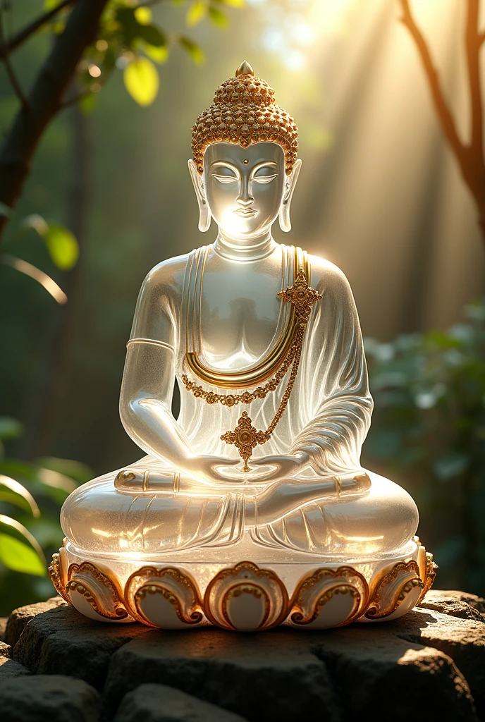 crystal buddha statue, highly detailed, hyper realistic, intricate details, glass, shiny, reflective, glowing aura, dramatic lighting, cinematic composition, serene expression, peaceful meditation pose, ornate decorations, gold accents, natural environment, lush foliage, sunbeams, photorealistic, 8k, masterpiece, cs-m3tal-ok_v06-1000
