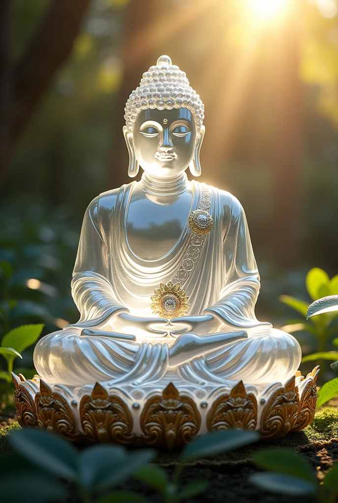 crystal buddha statue, highly detailed, hyper realistic, intricate details, glass, shiny, reflective, glowing aura, dramatic lighting, cinematic composition, serene expression, peaceful meditation pose, ornate decorations, gold accents, natural environment, lush foliage, sunbeams, photorealistic, 8k, masterpiece, cs-m3tal-ok_v06-1000