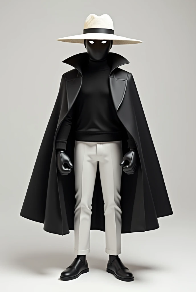 style Roblox, black turtleneck long sleeve shirt, a white straw hat, White pants, black fists, a black coat like a cape,