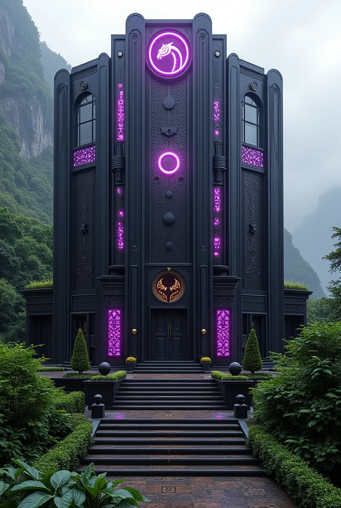 A villa for black panther with his symbols .the colour of the house is the combinations of black and purple.