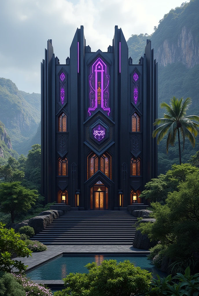 A villa for black panther with his symbols .the colour of the house is the combinations of black and purple.