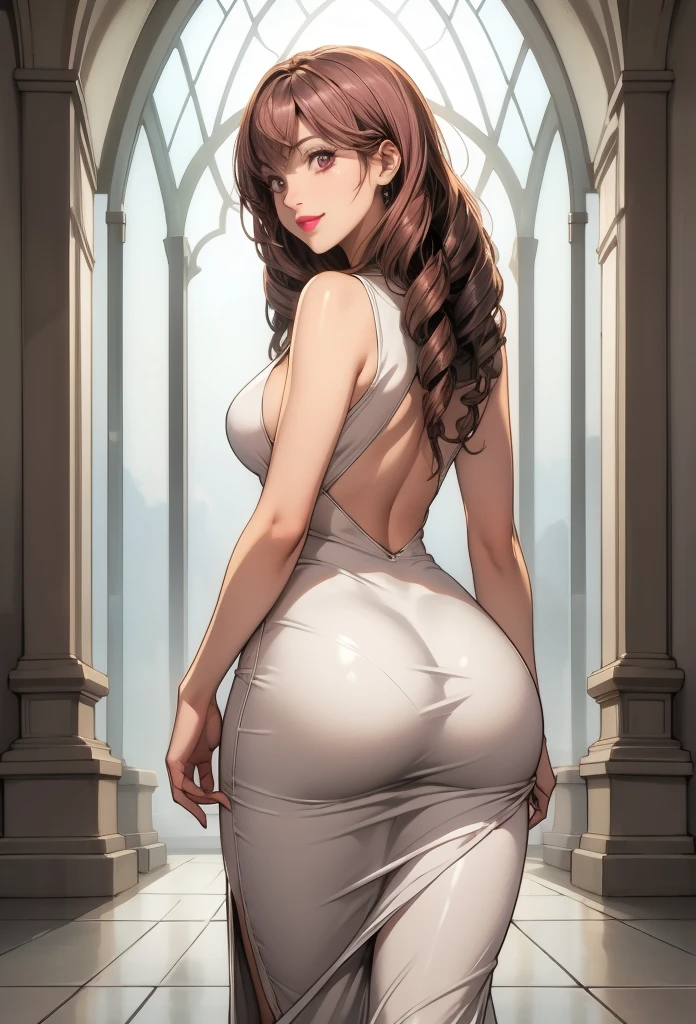 perfect eyes:1.2, detailed eyes:1.4, smile, Kurayoshi_R, long hair, breasts, pink eyes, drill hair, lipstick, white dress, sleeveless dress, long dress, tight dress, cowboy shot, 1girl, solo, (masterpiece:1.6, best quality), 8k, insane details, intricate details, hyperdetailed, hyper quality, high detail, ultra detailed, professional, HDR, ray tracing reflection, cinematic lighting,
