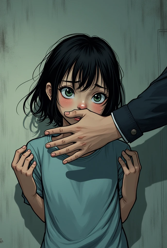 Draw a girl being held by the arms against a wall and with her mouth covered by a hand manga style