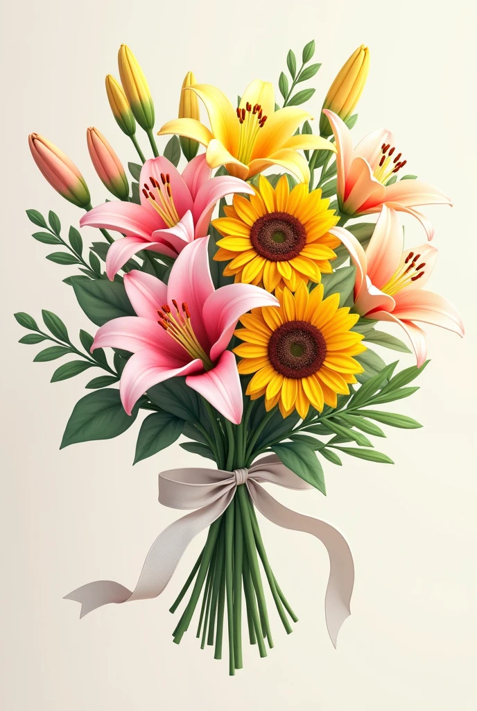 Bouquet of pink lilies, yellow lilies, sunflowers and white ribbon