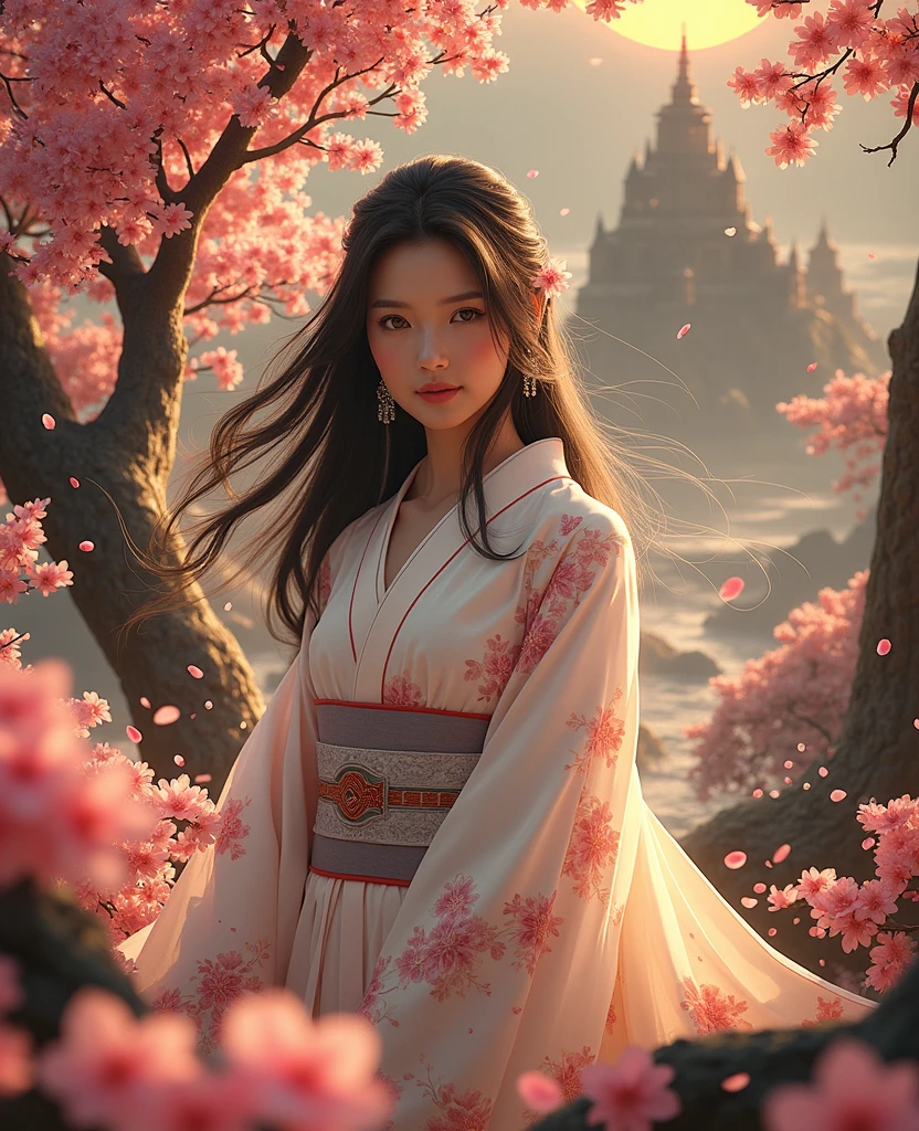 (logo、masterpiece、8k、table top、RAW photo、wonderful、最high quality、Photorealistic and hvery detailed CG integrated 8k wallpaper、high quality、very detailed、Narrative poem、particle effects、dynamic effects、written boundary depth、cinematic light、Lens flare、ray tracing)、fantasy、 (1 beautiful woman、white kimono、Japan Dress、white cherry blossom pattern、White cherry blossom embroidery pattern、black haired、beautiful face、real face、beautiful details eyes beautiful skin)、Hair flutters in wind、hair bounces、pink cherry tree、petals dance、SakuraFubuki、wonderful view、sunrise、sun on background、wind、god々、teeth、god story、vast land