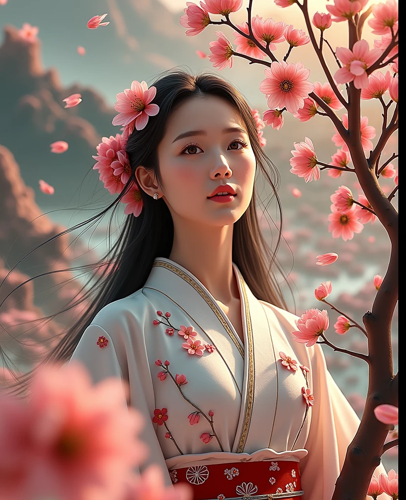 (logo、masterpiece、8k、table top、RAW photo、wonderful、最high quality、Photorealistic and hvery detailed CG integrated 8k wallpaper、high quality、very detailed、Narrative poem、particle effects、dynamic effects、written boundary depth、cinematic light、Lens flare、ray tracing)、fantasy、 (1 beautiful woman、white kimono、Japan Dress、white cherry blossom pattern、White cherry blossom embroidery pattern、black haired、beautiful face、real face、beautiful details eyes beautiful skin)、Hair flutters in wind、hair bounces、pink cherry tree、petals dance、SakuraFubuki、wonderful view、sunrise、sun on background、wind、god々、teeth、god story、vast land