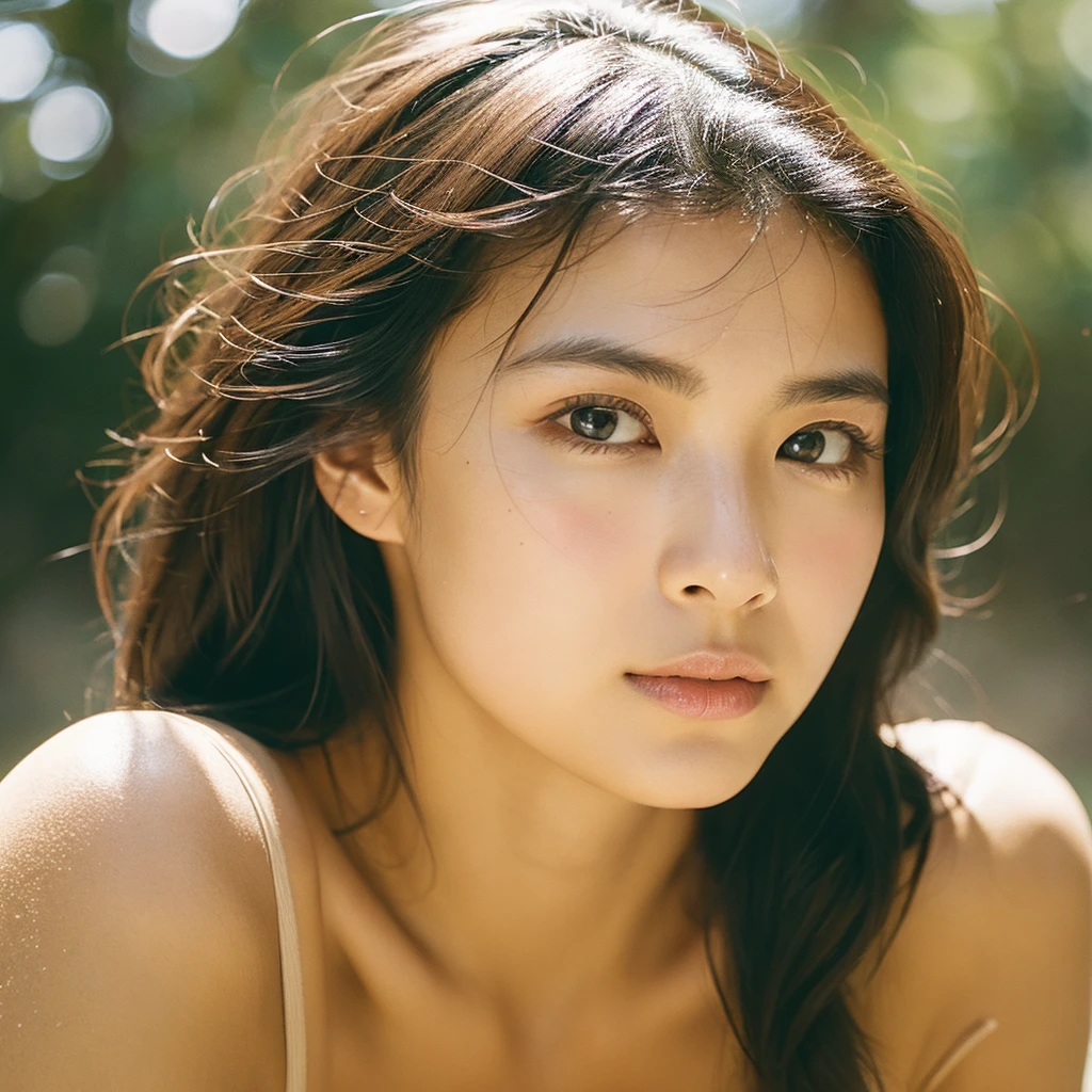 A hyper-realistic image of a single Japanese woman in her early 20s, captured with the nostalgic warmth and subtle graininess of a film camera, focusing on her upper body from the shoulders up. Her skin has a warm beige tone with a natural, slightly rough texture that includes visible pores, fine lines, and subtle imperfections such as small blemishes, adding to the authenticity of her appearance. The soft, diffused natural light enhances the film-like quality, casting gentle shadows across her face and shoulders to create a timeless, organic feel. Her straight, glossy black hair frames her face in a natural, slightly tousled manner, and her deep brown eyes reflect the ambient light, adding depth and emotion. The film camera effect introduces a slight grain and a softer focus, giving the image a warm, nostalgic atmosphere while maintaining the realistic texture of her skin. She is dressed in a simple, elegant top that complements her natural beauty, with the overall composition designed to evoke a sense of genuine, understated elegance. The use of natural light, combined with the deliberately rougher texture of her skin and the film-like qualities, ensures that this image captures the imperfections that make her beauty truly lifelike, focusing solely on this one individual from the shoulders up.