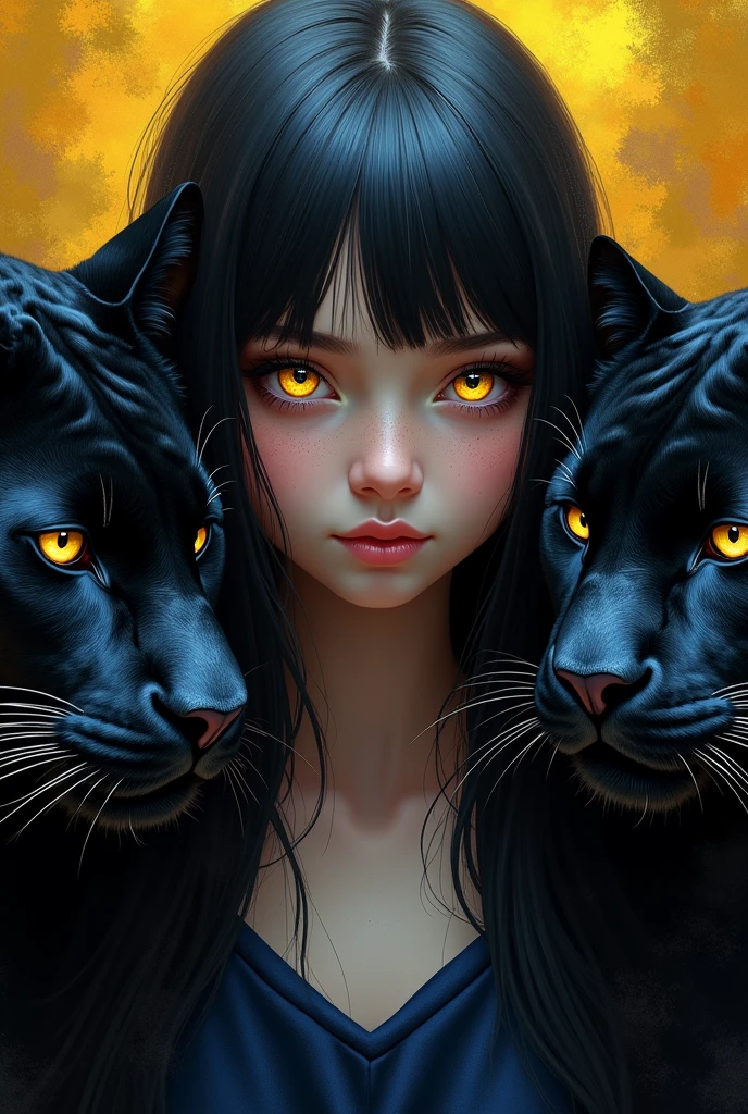 A girl with long straight black hair and thousand-colored eyes with black panthers on each side of the girl and the background of the image that is the flag of the country Colombia full image