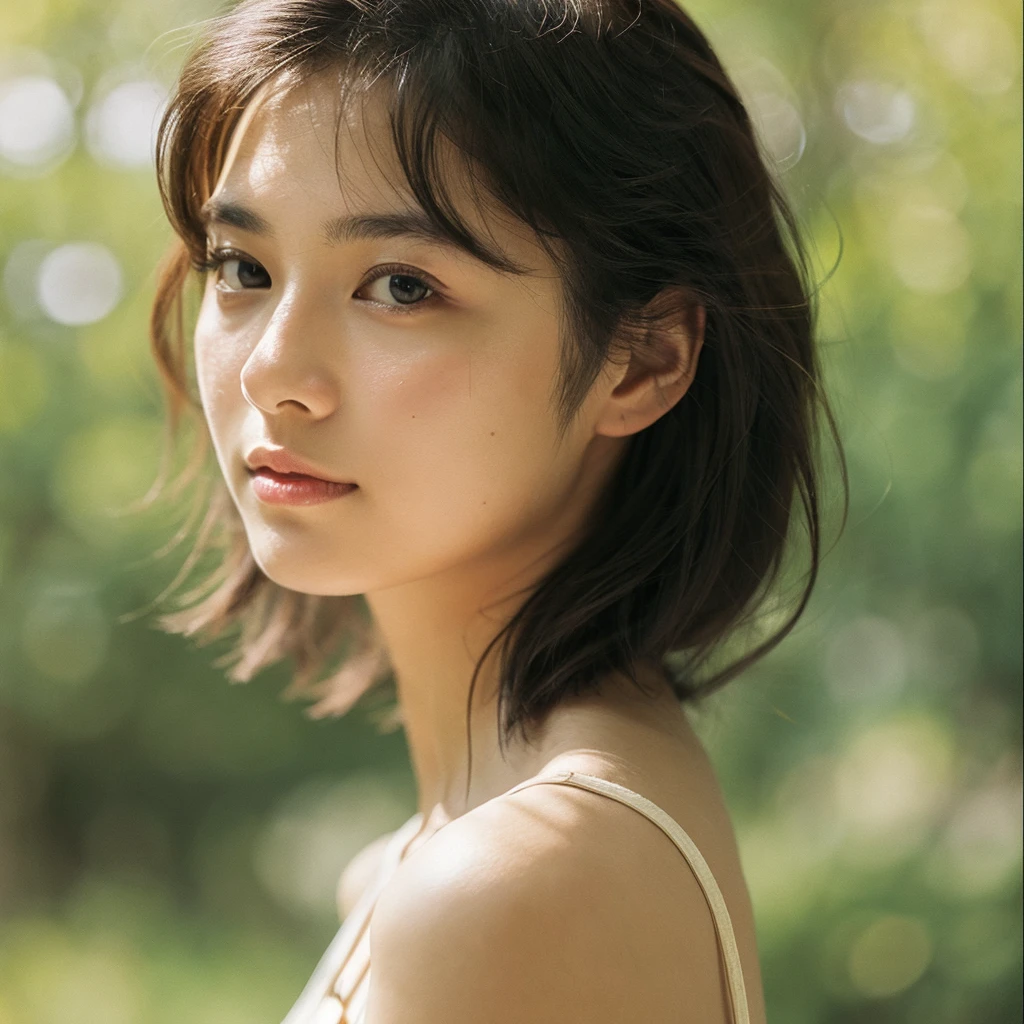 A hyper-realistic image of a single Japanese woman in her early 20s, captured with the nostalgic warmth and subtle graininess of a film camera, focusing on her upper body from the shoulders up. Her skin has a warm beige tone with a natural, slightly rough texture that includes visible pores, fine lines, and subtle imperfections such as small blemishes, adding to the authenticity of her appearance. The soft, diffused natural light enhances the film-like quality, casting gentle shadows across her face and shoulders to create a timeless, organic feel. Her straight, glossy black hair frames her face in a natural, slightly tousled manner, and her deep brown eyes reflect the ambient light, adding depth and emotion. The film camera effect introduces a slight grain and a softer focus, giving the image a warm, nostalgic atmosphere while maintaining the realistic texture of her skin. She is dressed in a simple, elegant top that complements her natural beauty, with the overall composition designed to evoke a sense of genuine, understated elegance. The use of natural light, combined with the deliberately rougher texture of her skin and the film-like qualities, ensures that this image captures the imperfections that make her beauty truly lifelike, focusing solely on this one individual from the shoulders up.