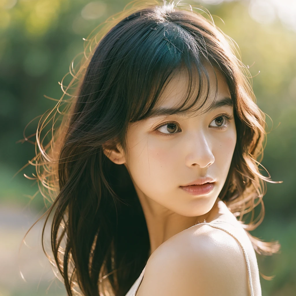 A hyper-realistic image of a single Japanese woman in her early 20s, captured with the nostalgic warmth and subtle graininess of a film camera, focusing on her upper body from the shoulders up. Her skin has a warm beige tone with a natural, slightly rough texture that includes visible pores, fine lines, and subtle imperfections such as small blemishes, adding to the authenticity of her appearance. The soft, diffused natural light enhances the film-like quality, casting gentle shadows across her face and shoulders to create a timeless, organic feel. Her straight, glossy black hair frames her face in a natural, slightly tousled manner, and her deep brown eyes reflect the ambient light, adding depth and emotion. The film camera effect introduces a slight grain and a softer focus, giving the image a warm, nostalgic atmosphere while maintaining the realistic texture of her skin. She is dressed in a simple, elegant top that complements her natural beauty, with the overall composition designed to evoke a sense of genuine, understated elegance. The use of natural light, combined with the deliberately rougher texture of her skin and the film-like qualities, ensures that this image captures the imperfections that make her beauty truly lifelike, focusing solely on this one individual from the shoulders up.