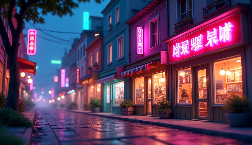 Street from left to right, street shops, neon lights at the door of the shop, close-up animation, no pedestrians
