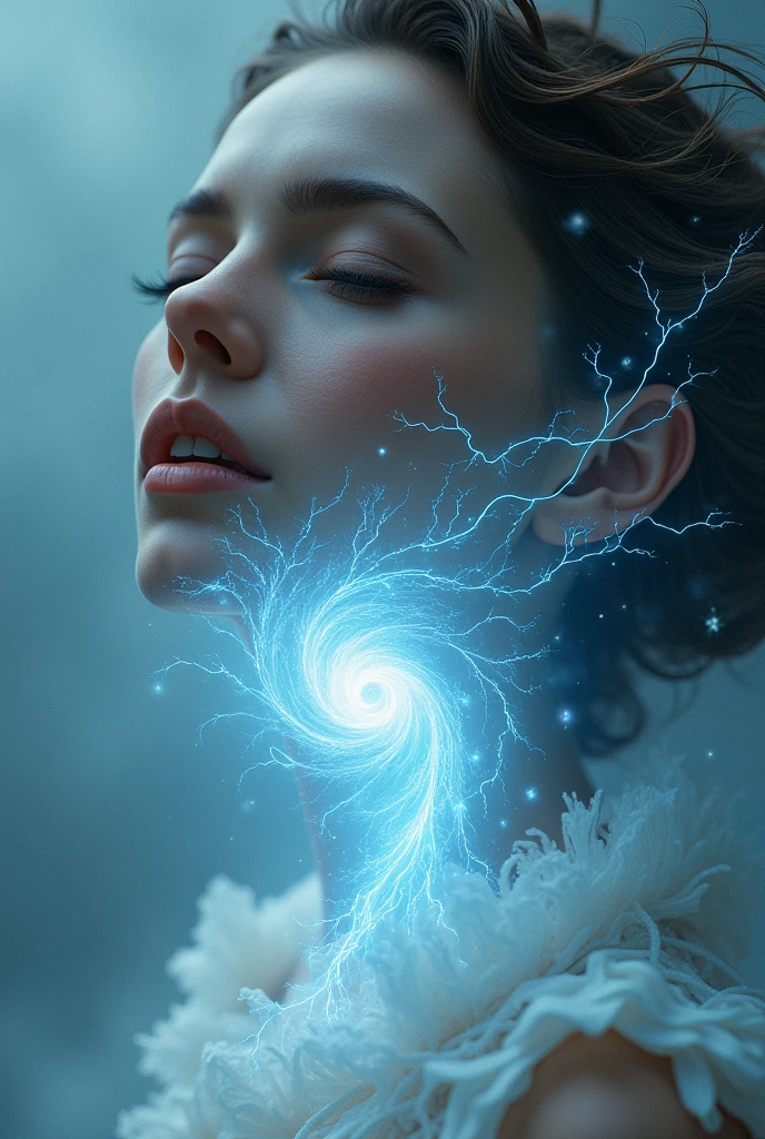 Create a hyper realistic image of a beautiful woman whose mouth looks like a storm mouth