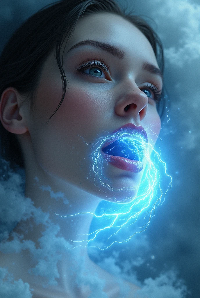 Create a hyper realistic image of a beautiful woman whose mouth looks like a storm mouth