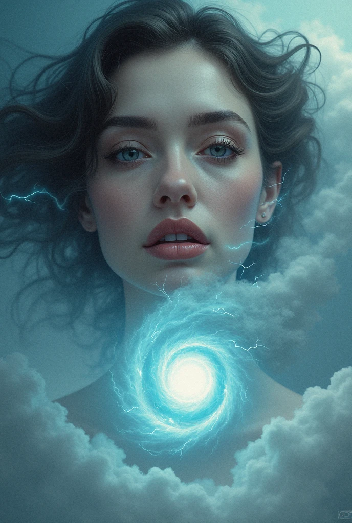 Create a hyper realistic image of a beautiful woman whose mouth looks like a storm mouth