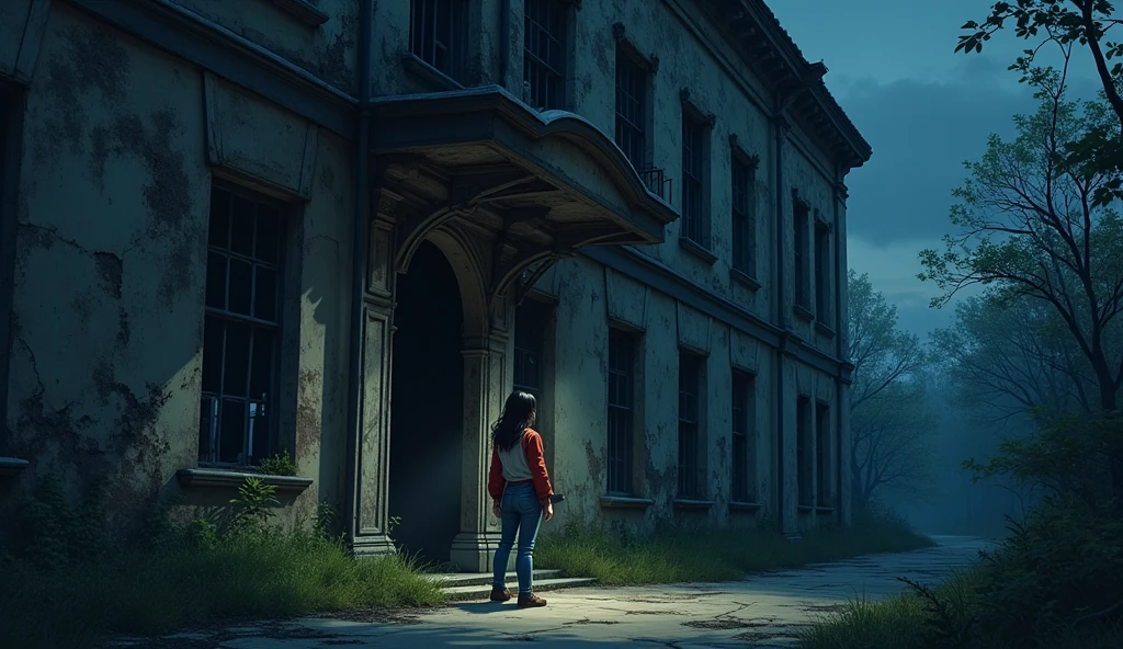 Act 2: The Forgotten Building Scene 4: The Abandoned Building - Night (Maya arrives at the location marked on the map. The building is old, with vines creeping up its walls and broken windows that seem to watch her every move. She hesitates but gathers her courage and steps inside.) maya seed is 1921569215 university student age. wearing red long shirt on white t shirt wearing blue jean and holding flashlight. building design used this seed 1570909171