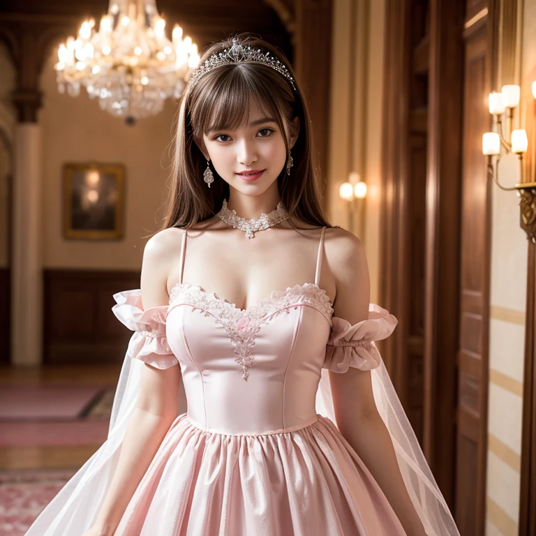 laughing out loud,(knee shot), 1 girl, light brown hair, blunt bangs, hair behind ears, Hair over the shoulders, long hair, Slender body type, Super thin face, face slimming, delicate lips, beautiful eyes, Thin blush, Eyes are light brown,Check it out here, (realistic:1.3), 8k, , Super detailed, high quality, best quality, High resolution,Wear pink wedding dress,Wear a big dress,wear princess dress,Wear a wedding dress,fairy princess dress,in the castle,Wedding ceremony,gauze dress,Wedding dress,Large gauze skirt禮服,tutu dress,Large skirt,Big hem,Large gauze skirt