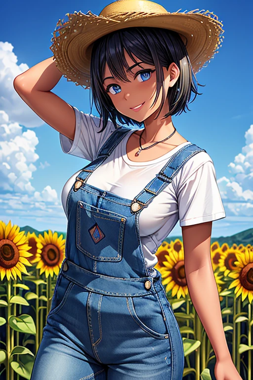 #Basics Girl posing for a photo, animeのcute少女, ((One Girl)), ((Baby Face:1.5)), ((cute:1.5)), (()),
break
#Clothing Accessories
(blue denim overalls:1.4) + (White shirt) + (Long blue denim jeans:1.4) + (Light blue sneakers) + ((Straw hat)),
((black gemstone earrings)), (Silver Necklace),
break
#Features
((Black Hair:1.2)), ((Pixie Cut Hair) : Very short hair + Curly hair ),
((Big eyes:1.4)), ((blue eyes)),
(Small breasts:1.2), (中性的な顔のFeatures),
(Tanned dark skin:1.3),
break
#background environment
((noon, Rural landscape + Sunflower field + blue sky)),
#Facial Expression Pose
((Wicked Smile:1.2)), ((hand on headwear, running)),
#composition
((Side angle:1.2)), ((Cowboy Shot)),
break
#Body parts elements
(Slim figure),
(Symmetrical facial features),
(Detailed Hair, Beautiful Hair, Shiny Hair),
(double eyelid, Long eyelashes, Thin eyebrows:0.5),
(Detailed eyes), (Beautiful Eyes), (Sparkling eyes), Glitter Eyeliner,
(Human Ear),
(Beautiful Nose, Thin Nose),
(Glossy Lips, Beautiful Lips, Thick lips),
(Detailed skin, Textured skin, Beautiful Skin, Oily skin),
break
#quality
(((最高quality)), ((masterpiece:1.3)), ((Very detailed))), ((Ultra-high resolution)), ((16K)), ((1080P)), ((Full HD)),
((Anatomically correct)), ((Realistic)), (3DCG), ((Oil painting)),
((comics, anime)), (CG illustration), (RAW Photos),