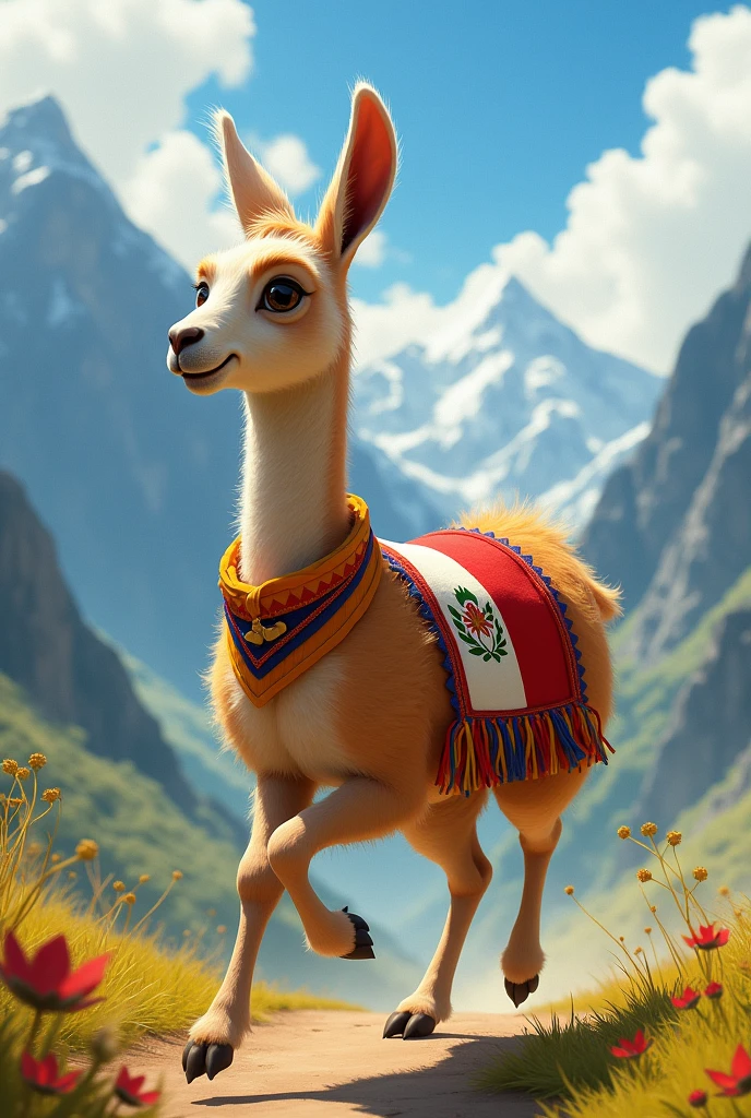 Peruvian vicuña in animation running with Peruvian flag clothing
