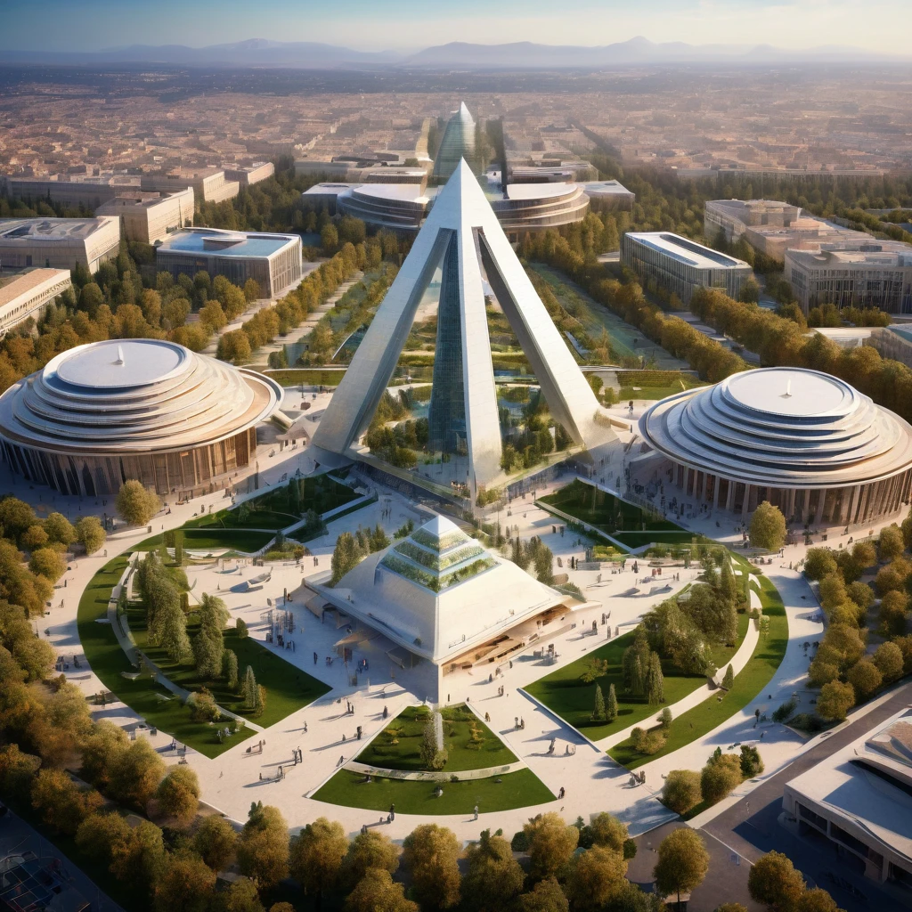 Complex of three very tall structures surrounding a plaza with a fountain in the middle,One of these structures is of a pyramidal shape., futuristic design, eco style, aerial view, Soft lighting, Very detailed,HD,8k, This fulfills the function of being a highly demanded academic institute