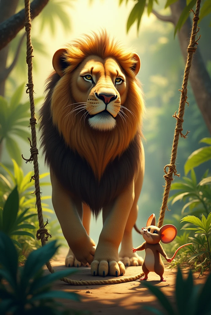 The Lion Freed:

Description: The lion stepping out of the now-torn net with a look of relief and appreciation, while the mouse stands proudly beside him. Both animals are in a lush, green part of the jungle, with sunlight breaking through the canopy.
