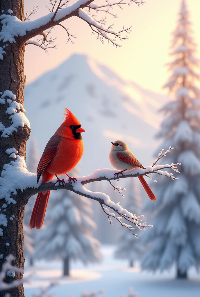 Snowy mountain, north american cardinal, fluffy red bird, snowy day, Japanese long-tailed tit perched on a tree branch, beautiful sunlight filtering through the trees, grooming itself
