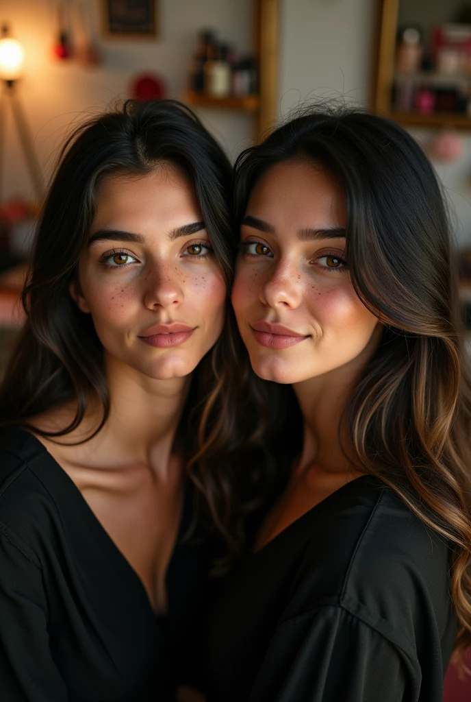 a 2 girl, brown skin, freckles on the face, black hair with golden highlights, black long sleeve blouse, in a room with a dressing table full of makeup 