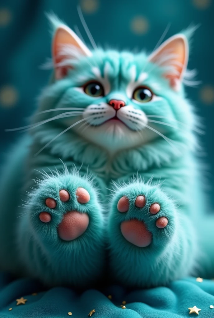 create a turquoise cat, realisitic, fluffly, patinhas realisitics encostando na imagem, zoom na pata, the cat's face is blurred, the cat is behind, blurred in the background, nblurry background, gato fluffly, glad, super realisitic, high realism, the background is turquoise galaxy, he is showing his paws to the viewer, paw art, perfect paw, cat cushions, turquoise galaxy background with stars