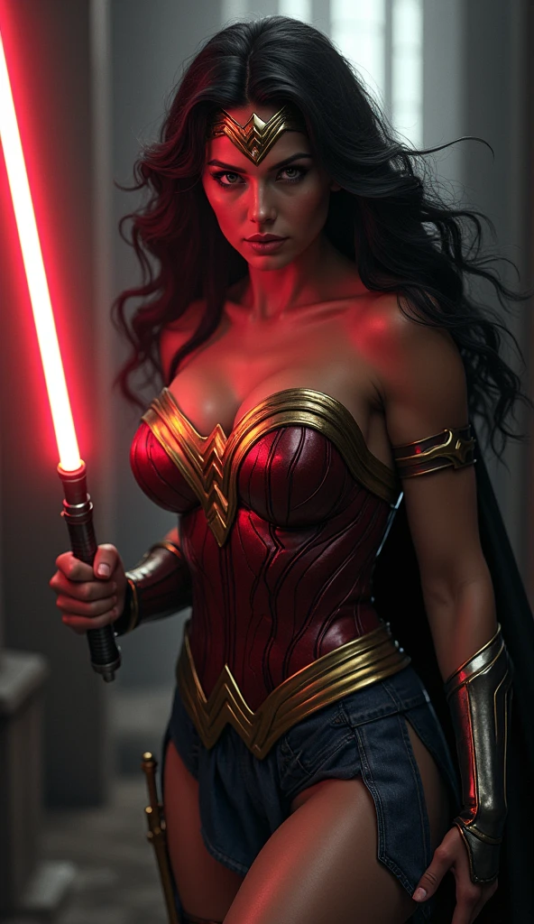 Detailed image / A beautiful Wonder Woman, wet moist skin, long wavy black hair, big breasts, wearing traditional Wonder Woman costume, holding a lightsaber in front of a Darth Sidious, close-up image, super realistic, ultra realistic high quality image, 4k, 8k lots of details, realistic lighting and skin tone, detailed dark background