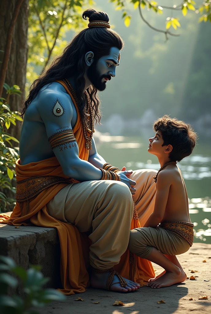(photorealism:1.2), lord shiva sitting on a bench and mentoring a boy