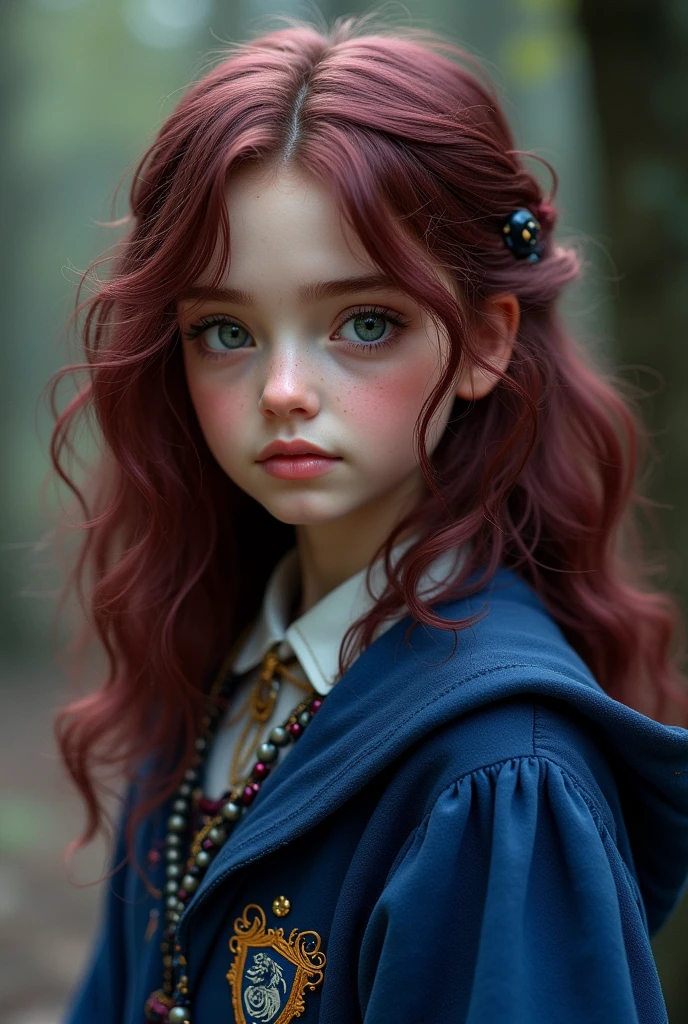 Create a character for a Harry Potter RPG that I participate in with the following characteristics: Hermione Granger inspired  girl with medium length dark magenta reddish brown hair; with eyes that vary between green, gray and light brown; fair skin and blue Ravenclaw witch robes. 