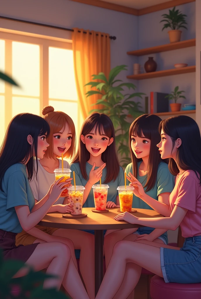Create image of 7 girls gossiping with friends and having boba tea at home with Tv on in 16:9 size