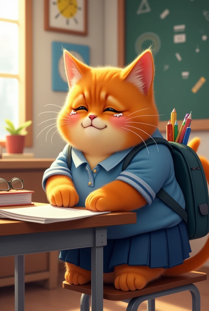 A fat, female chubby,orange colored  cat wearing blue coloured school uniform and bag, is crying at her school in chair if her classroom with a desk
