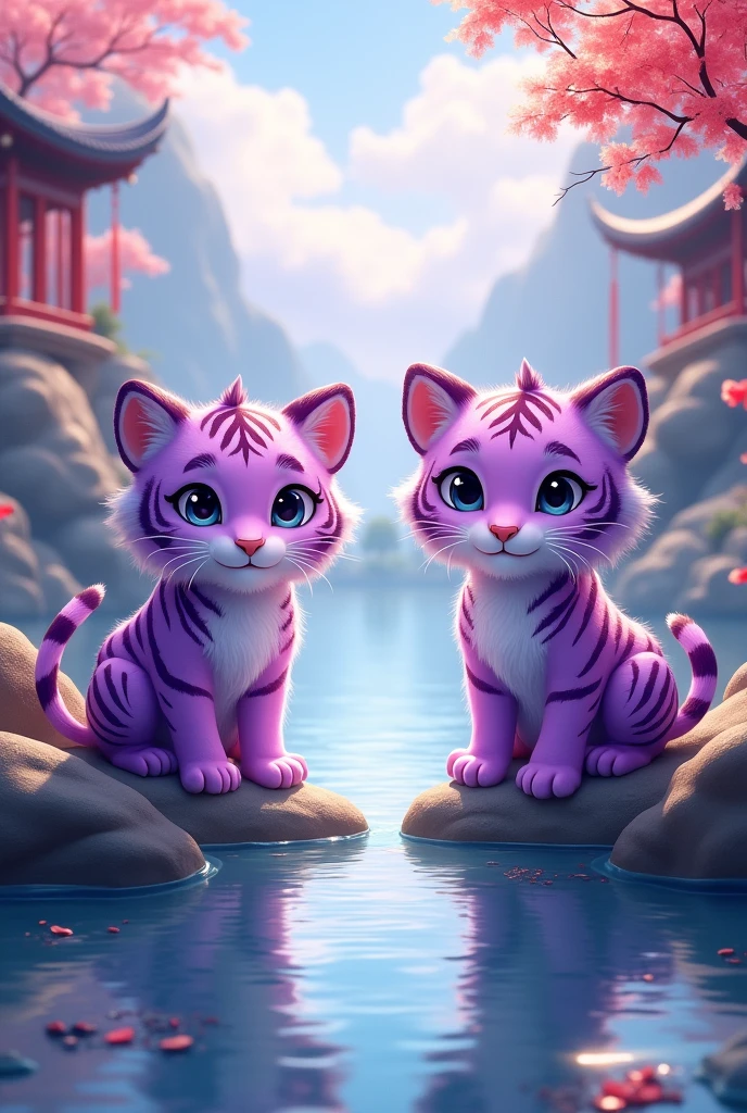 Two purple tigers separated by river,Sitting on both sides of the river,The river is huge,Chinese style,cute style,Realistic and cute,Looking at the camera